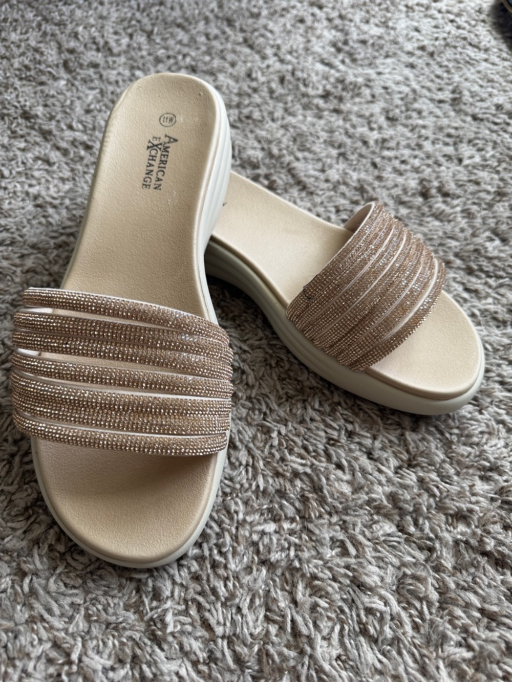 American Exchange Women's Sparkle Strap Slide Sandals in Beige
